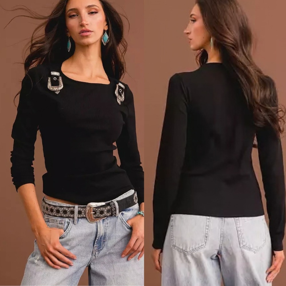 Buckle Sterling & Stitch Womens Western Shirt Ribbed Knit Sz Small Black Rodeo